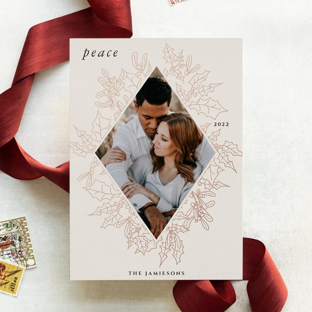 Delicate Holly | Elegant Photo Rose Gold Foil Holiday Card (Creator Uploaded)