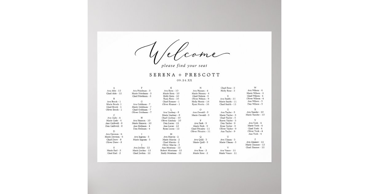 Delicate Horizontal Alphabetical Seating Chart 