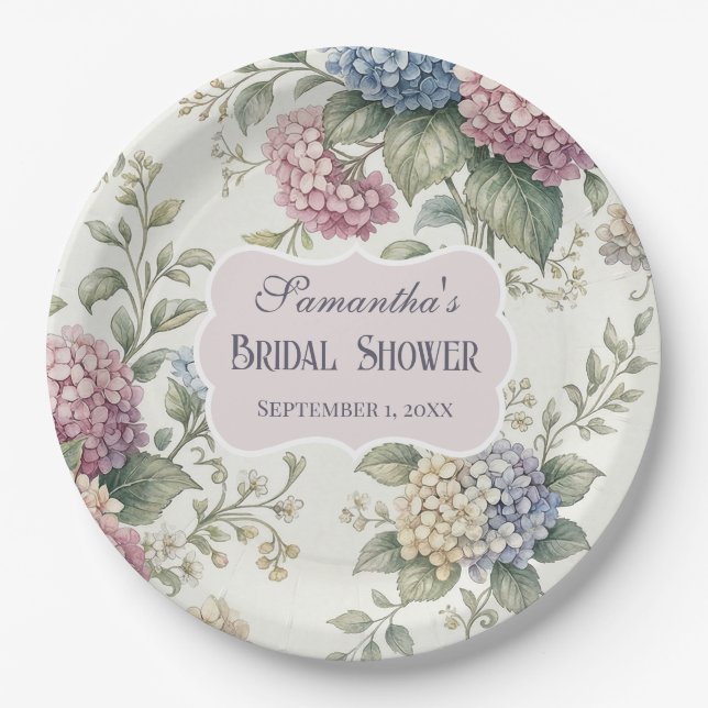 Delicate Hydrangea Flowers Bridal Shower Paper Plate (Front)