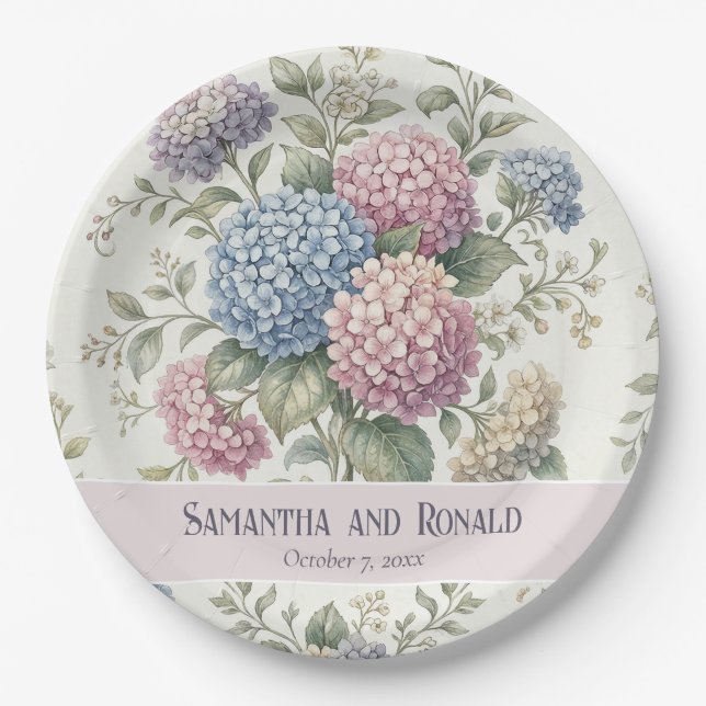 Delicate Hydrangea Flowers Wedding Paper Plate (Front)