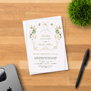 Delicate Ivory Roses Fr First Holy Communion Acrylic Invitations