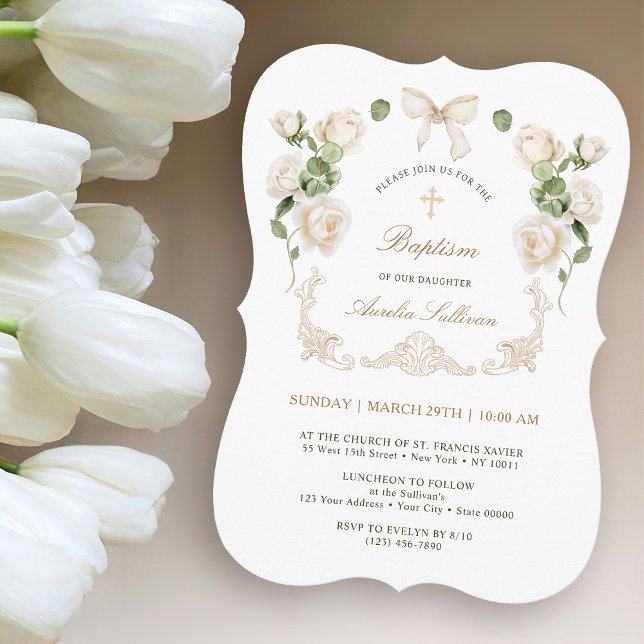 Delicate Ivory Roses Frame Baptism Invitation (Creator Uploaded)