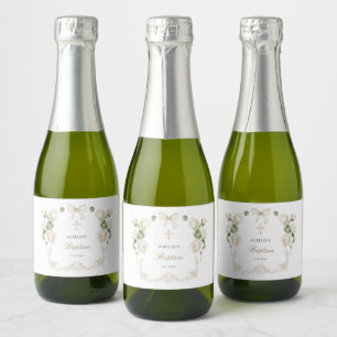 Delicate Ivory Roses Frame Baptism Mini Sparkling Wine Label