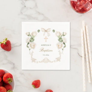 Delicate Ivory Roses Frame Baptism Napkin