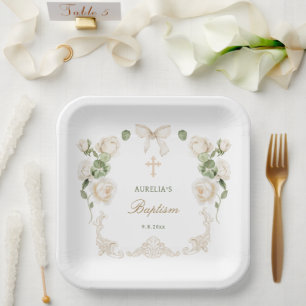Delicate Ivory Roses Frame Baptism Paper Plate