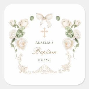 Delicate Ivory Roses Frame Baptism Square Sticker