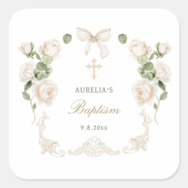 Delicate Ivory Roses Frame Baptism Square Sticker (Front)