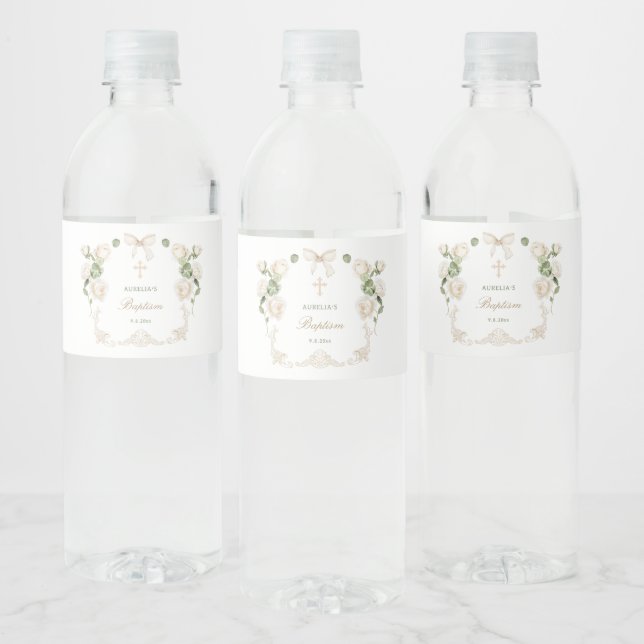 Delicate Ivory Roses Frame Baptism Water Bottle Label (Bottles)
