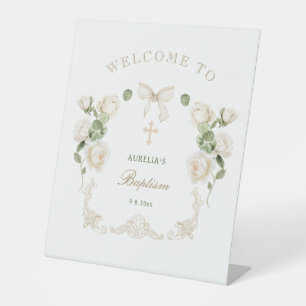 Delicate Ivory Roses Frame Baptism Welcome Pedestal Sign