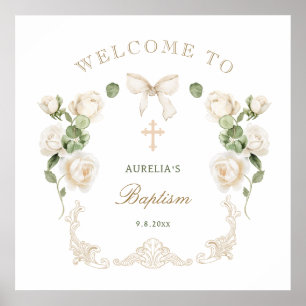 Delicate Ivory Roses Frame Baptism Welcome Poster