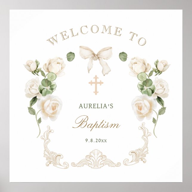 Delicate Ivory Roses Frame Baptism Welcome Poster (Front)