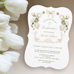 Delicate Ivory Roses Frame Confirmation Invitation