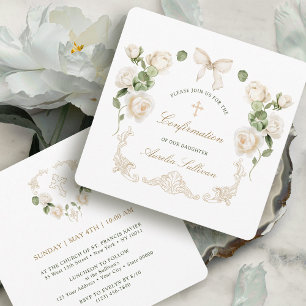 Delicate Ivory Roses Frame Confirmation Small Invitation