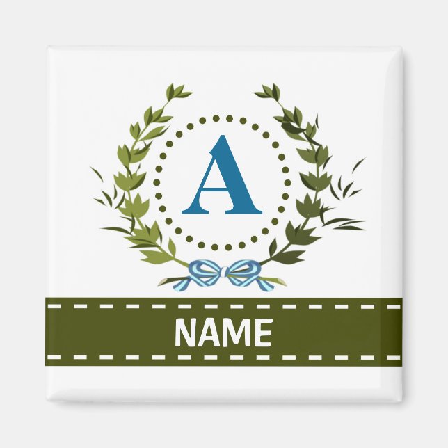 Delicate Ivy Wreath and Bow Name with Monogram A Magnet (Front)