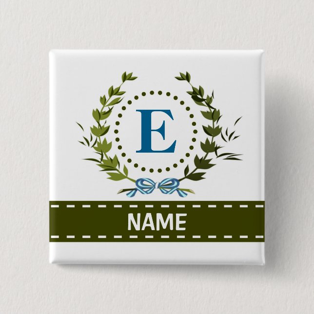 Delicate Ivy Wreath and Bow Name with Monogram E 15 Cm Square Badge (Front)