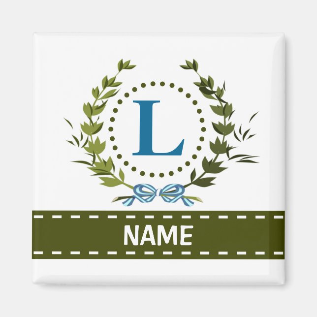 Delicate Ivy Wreath and Bow Name with Monogram L Magnet (Front)