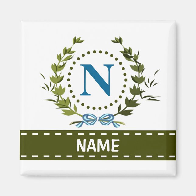 Delicate Ivy Wreath and Bow Name with Monogram N Magnet (Front)