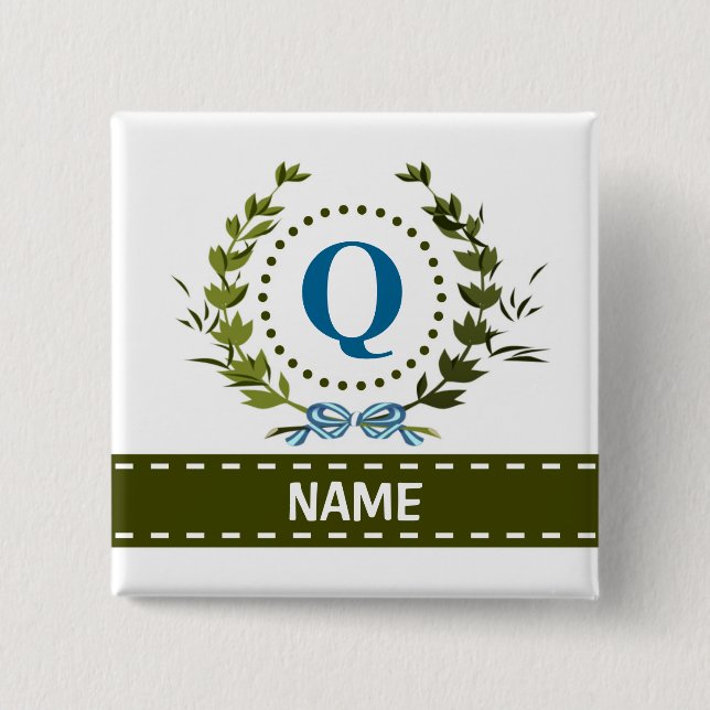 Delicate Ivy Wreath and Bow Name with Monogram Q 15 Cm Square Badge (Front)