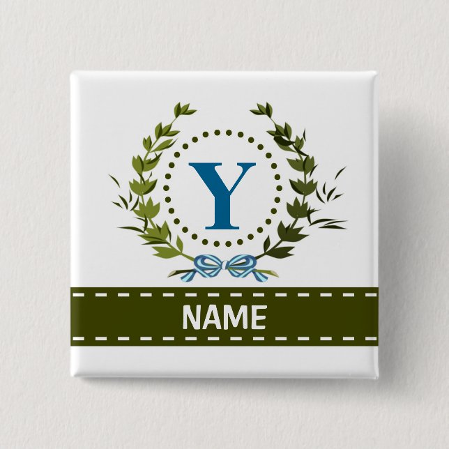 Delicate Ivy Wreath and Bow Name with Monogram Y 15 Cm Square Badge (Front)