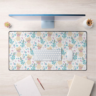 Delicate Kitten and Botanical Doodle Desk Mat