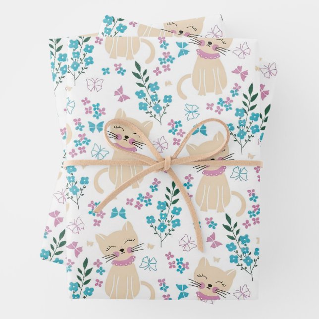 Delicate Kitten and Botanical Doodle Wrapping Paper Sheet (In situ)