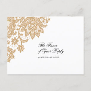 Delicate Lace Black and Gold Script Wedding Reply Invitation Postcard