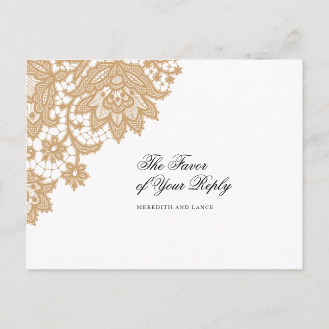 Delicate Lace Black and Gold Script Wedding Reply Invitation Postcard (Front)