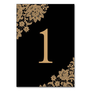 Delicate Lace Black and Gold Script Wedding Table Number