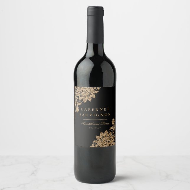 Delicate Lace Black and Gold Script Wine Label (Front)