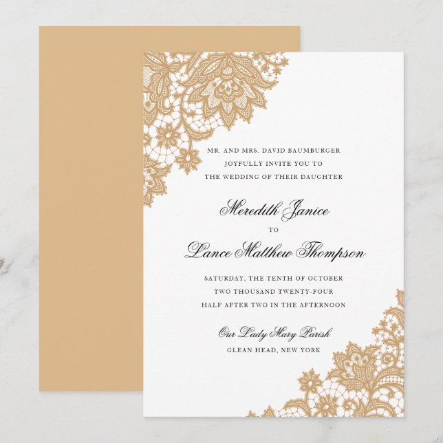 Delicate Lace Corner Black and Gold Script Wedding Invitation (Front/Back)