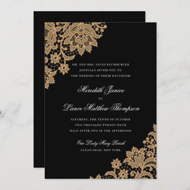 Delicate Lace Corner Black and Gold Script Wedding Invitation (Front/Back)