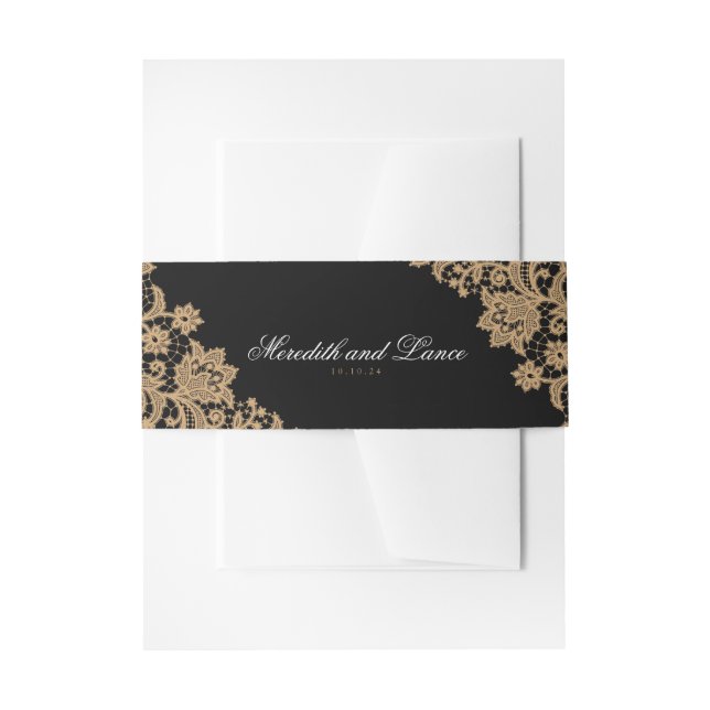 Delicate Lace Corner Black and Gold Script Wedding Invitation Belly Band (Front Example)