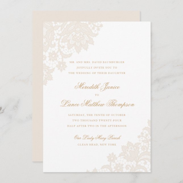 Delicate Lace Corner Ivory and Gold Script Wedding Invitation (Front/Back)