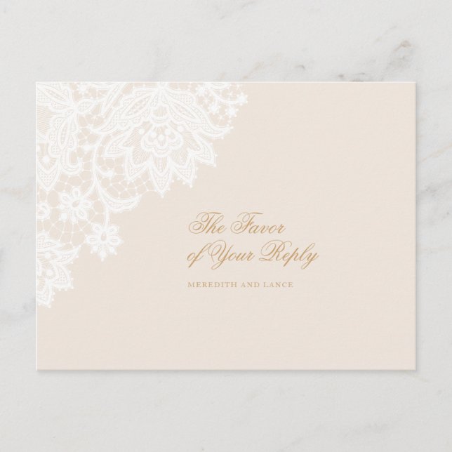 Delicate Lace Corner Ivory and Gold Wedding Reply Invitation Postcard (Front)