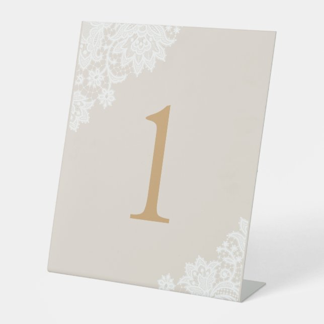 Delicate Lace Ivory and Gold Script Wedding Pedestal Sign (Front)