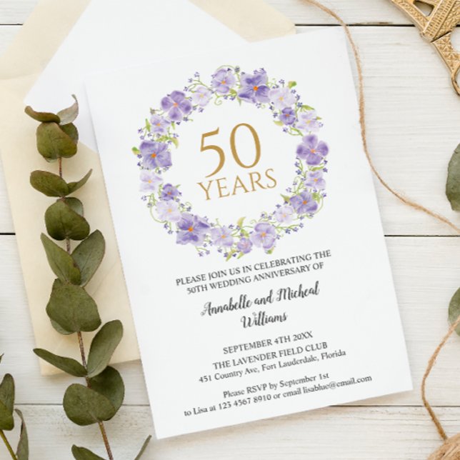 Delicate Lavender Floral Garland 50th Wedding  Invitation (Creator Uploaded)