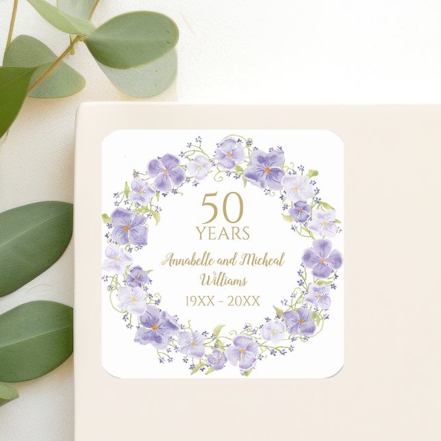 Delicate Lavender Floral Garland 50th Wedding  Square Sticker (Creator Uploaded)