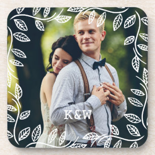 Delicate Leaves Frame Monogrammed Photo Coaster