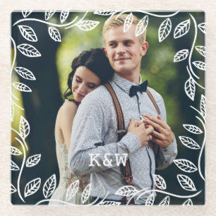 Delicate Leaves Frame Monogrammed Photo Glass Coaster