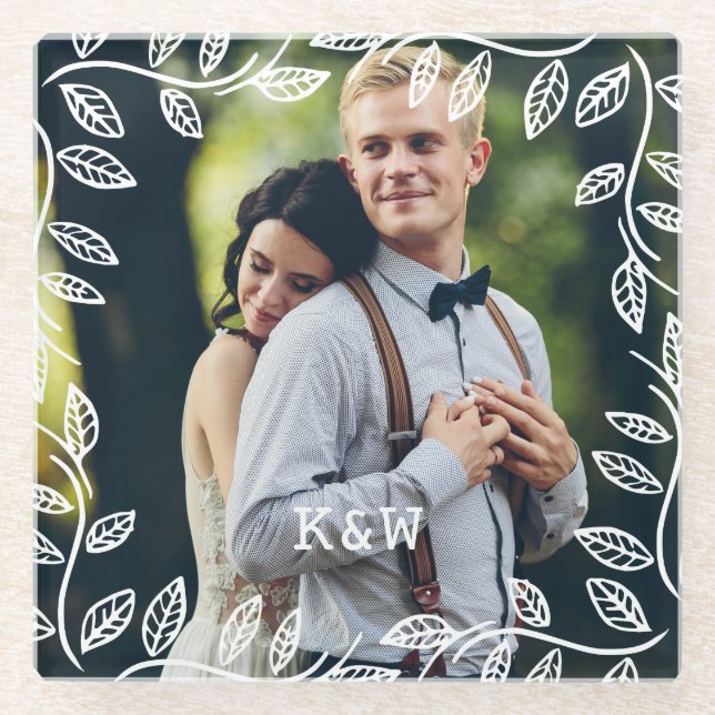 Delicate Leaves Frame Monogrammed Photo Glass Coaster (Front)