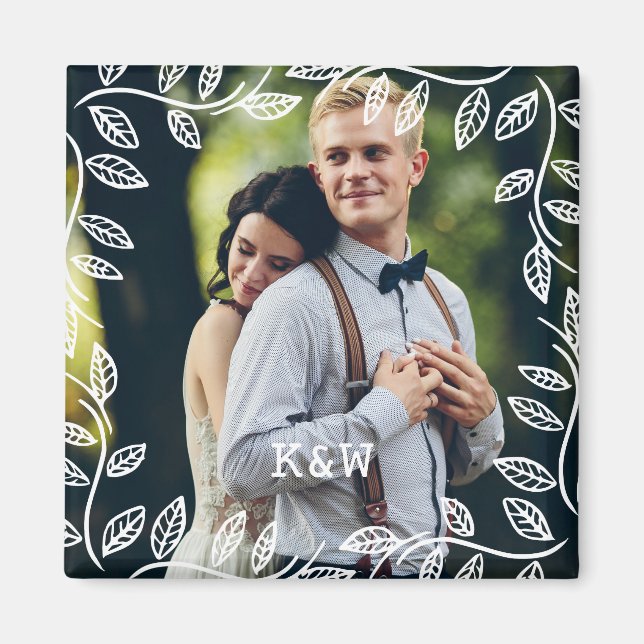 Delicate Leaves Frame Monogrammed Photo Magnet (Front)