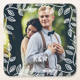 Delicate Leaves Frame Monogrammed Photo Square Paper Coaster