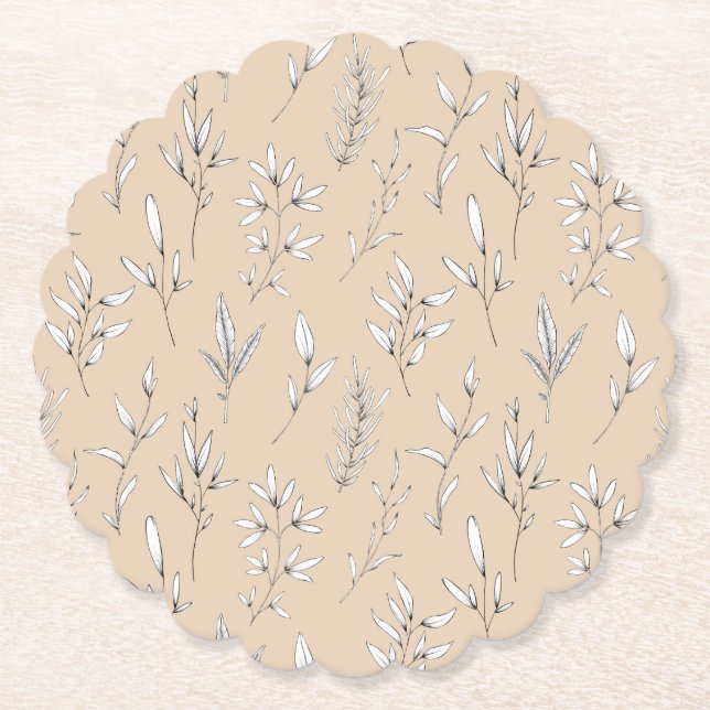 Delicate leaves stems foliage line art tan beige   paper coaster (Front)