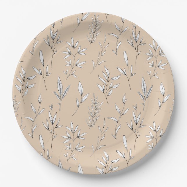 Delicate leaves stems foliage line art tan beige paper plate (Front)