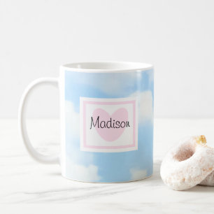 Delicate Light Blue Cloudy Sky Pink Heart Name Coffee Mug
