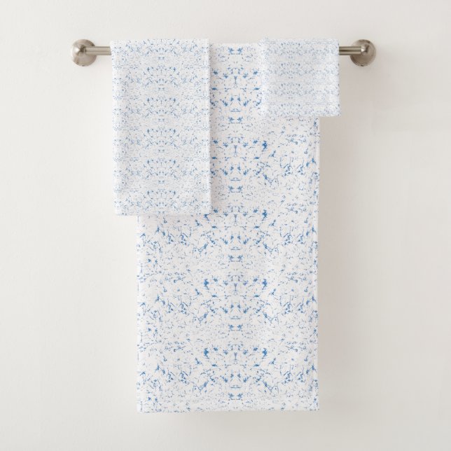 Delicate, light-blue patterned design repeating on bath towel set (Insitu)