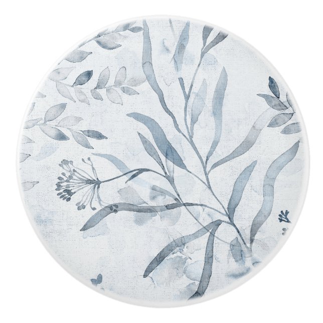 Delicate light blue watercolor floral ceramic knob (Front)