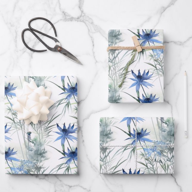 Delicate Light Blue Zen Floral Pattern Wrapping Paper Sheet (Front)