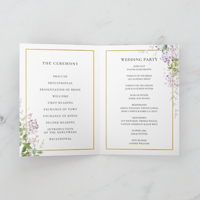 Delicate Lilac Purple Floral Gold Wedding Program Programme (Inside)