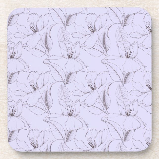 Delicate lily pattern leaves stems line art lilac  coaster (Front)